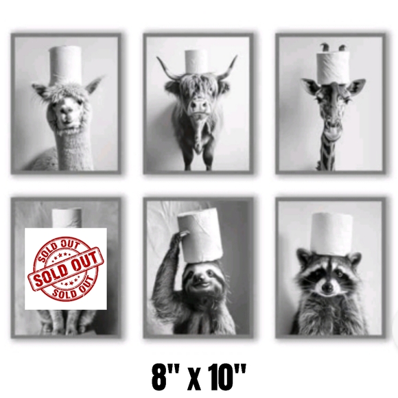 Other - Funny Animal Bathroom Wall Art Prints 8"x10" Black & White NWT